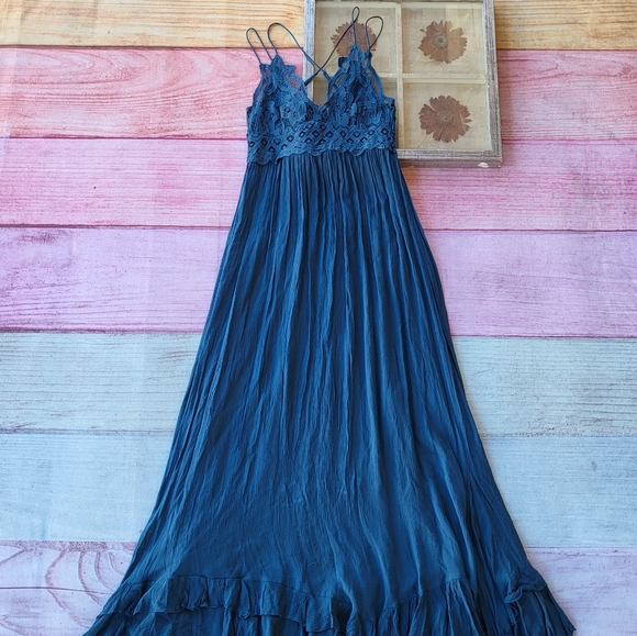 Free People Navy Blue Adella Lace Smocked Back Ruffle Hem Maxi Slip Dress Small - Picture 5 of 11